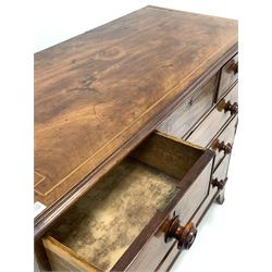 Mid 19th century mahogany chest, the top with geometric boxwood and ebonised string inlay over three short and three long graduated drawers, raised on splayed bracket supports W119cm, H102cm D54cm