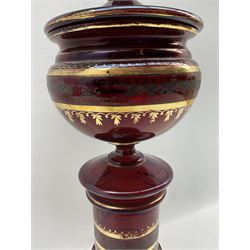 Ruby glass mantel vase and cover decorated in gilt H50cm ( chipped)
