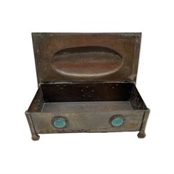 Arts & Crafts hammered copper casket, rectangular form with set with five Ruskin type cabochons on riveted bras supports, L20cm x D11cm