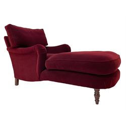 George Smith of London - chaise longue or day bed, upholstered in berry Mohair velvet with buttoned and rolled arms, on turned front feet and splayed rear feet