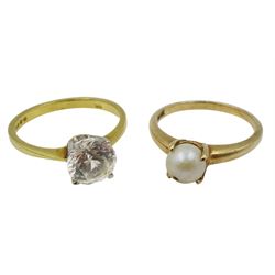 18ct gold single stone cubic zirconia ring, hallmarked, 9ct gold pearl ring and pair of pearl clip earrings and a pair of 14ct gold pearl stud earrings, all stamped or tested
