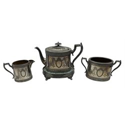 Engraved plated four piece  tea set, plated coffee pot and other plated items