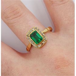 Gold rectangular green stone and rose cut diamond cluster ring 
