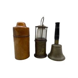 19th century treen medicine bottle holder with glass bottle, bronze bell with ebony handle and a brass safety lamp (3)