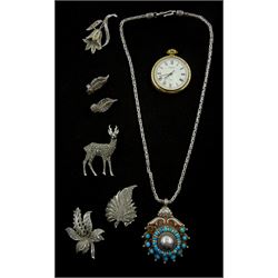 Turkish silver turquoise pendant necklace, four marcasite brooches and pair of earrings and a Sekonda fob pocket watch