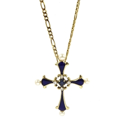 'Sapphire Midnight Cross' from The House of Igor Carl Faberge for Franklin Mint, 14ct gold blue enamel cross, set with diamonds, pearls and a sapphire stamped, on 9ct gold flattened Figaro chain hallmarked