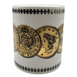 Piero Fornasetti (Italian,1913-1988): cylindrical porcelain money bank, decorated in gilt with various world coins, H10cm