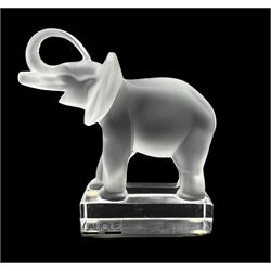 Lalique frosted glass model of an African Elephant, on clear rectangular plinth, H15.5cm
