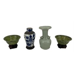 Pair of Chinese greenstone bowls and stands D10cm, small Celadon vase and blue and white crackle glaze vase (3)