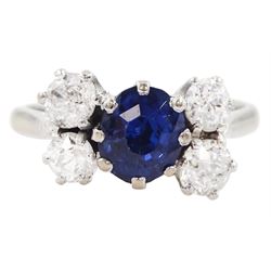 18ct white gold sapphire and old cut diamond ring, hallmarked, sapphire approx 1.65 carat, total diamond weight approx 1.00 carat