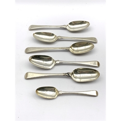 Five late 18th Century silver feather and bead edge table spoons engraved with a crest and a similar dessert spoon, various dates 11.7oz