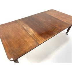  19th century mahogany Gillows style extending dining table, top with moulded edge raised on turned and reeded supports terminating in brass cup castors, 233cm x 123cm, H73cm with one additional leaves W47cm   