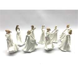 Nine Royal Doulton figures from the Sentiment series designed by A Maslankowski including Thank You, Good Luck, Thank you Mother, Happy Christmas, Happy Anniversary, Friendship, Remembering You, Charmed and Embrace