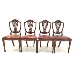Set four mahogany Hepplewhite style dining chairs with drop in seats and square tapered supports with peg feet 