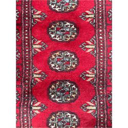 Tekke Bokhara red ground runner, the field decorated with a single row of Gul motifs, panelled border each with stylised motif
