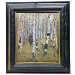 Russian School (20th century): Figures in a Silver Birch Tree Forest, oil on canvas indistinctly signed P T** and dated 1970, 45cm x 38cm