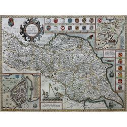 John Speed (British 1552-1629):  'The North and East Ridings of Yorkshire', engraved map with hand-colouring and inset plans of Richmond and Hull and numerous armorials originally pub. 1610,  book plate verso 39cm x 51cm