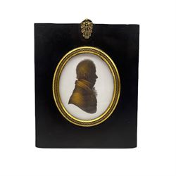 John Miers (1758-1821) Oval silhouette portrait of a gentleman with trade label to the reverse, ebonised frame with gilt metal slip 8.5cm x 7cm