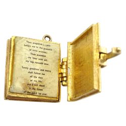 Gold Holy Bible pendant/charm, gold stone set fob and a bow bar brooch, all hallmarked 9ct and an 8ct gold sapphire ring, stamped 333
