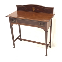 Edwardian mahogany side table, raised arched back inlaid with satinwood banding and floral swags, over single frieze drawer, raised on square tapered supports united by stretcher, W92cm