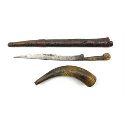 19th century European powder horn with incised decoration L21cm and an Eastern knife with horn handle, the blade with traces of hatched decoration in carved scabbard L54cm