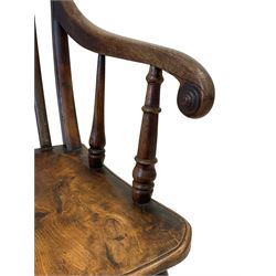 19th century elm and oak farmhouse armchair, pierced and shaped high splat back over a shaped saddle seat with scrolled arm terminals, raised on turned supports united by H-stretcher