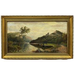 EW Cook (British mid-19th century): Highland Landscape with Cattle Watering, on canvas signed and dated 1866, 29cm x 54cm