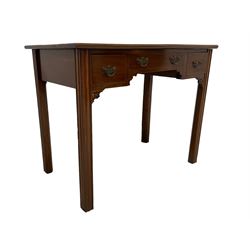 Georgian design mahogany low boy table, rectangular top over three drawers, fitted with three drawers flanked by pierced fretwork brackets, raised on fluted and chamfered supports