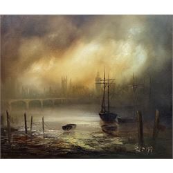 Colin Maxwell Parsons 'Glenn' (British 1936-): Ships on the Thames with London Cityscape, oil on canvas signed 75cm x 90cm