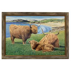 Keith Brockie (Scottish 1955-): 'Highland Cattle', oil on canvas signed and dated 2001, labelled verso 50cm x  76cm