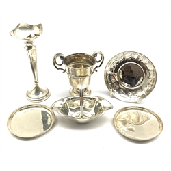 Edwardian silver oval sweetmeat dish with swing handle W11.5cm Birmingham 1906, small silver challenge cup, pair of silver saucer dishes and two other items