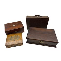 Early 20th century oak and brass bound jewellery box, Victorian rosewood wok box, suitcase etc (4)