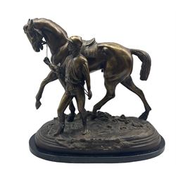 After Edgar Bertram bronze of 'Jockey and Winning Horse 1872', on onyx base 