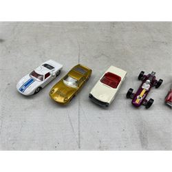 Ten Matchbox 1-75 Superfast boxed vehicles comprising Mercedes 230 SL., Porsche 910, MG. 1100, Lamborghini Miura P400, Lotus Racing Car, Road Dragster, Kennel Truck, Greyhound Coach, Mercedes 300 SE. and a Ford G.T (10)