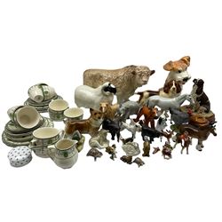 Beswick model of a large grey Hunter No1734, Dalmatian and Spaniel; Royal Doulton Duchess pattern part tea set; Lomonosov elephant and young zebra together with other animal figures including Border Fine Arts and Melba Ware in two boxes