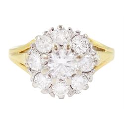 18ct gold round brilliant cut diamond cluster ring, stamped, total diamond weight approx 1.10 carat
