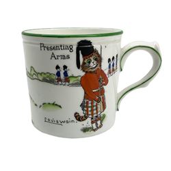 Paragon china cup with hand painted design by Louis Wain from the 'Tinker, Tailor, Soldier, Sailor' series, titled 'Presenting Arms' H7cm 