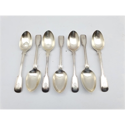 Set of seven Victorian silver fiddle and thread pattern dessert spoons engraved with a crest London 1891 Maker John Aldwinckle and Thomas Slater 13oz