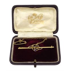9ct gold amethyst, diamond and pearl brooch, stamped 375 and an early 20th century 9ct gold stone set bar brooch, boxed