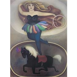 After Carlos Ochagavia (Spanish b.1913): Ring Mistress with Circus Pony, print signed and dated 1986 in the plate 41cm x 31cm