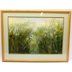 King (British Contemporary): Flower Meadow, mixed media indistinctly signed 43cm x 63cm