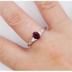 18ct white gold oval ruby and baguette cut diamond ring, hallmarked, ruby approx 1.00 carat