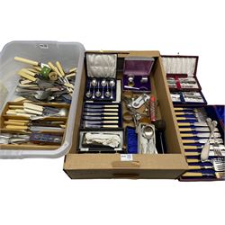 Various cased silver-plated sets of cutlery and cruets, loose cutlery etc in two boxes