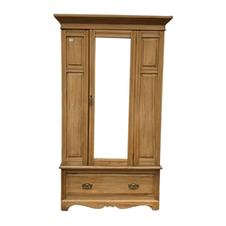 Edwardian satin walnut single wardrobe, mirrored door enclosing interior fitted for hanging, drawer to base, raised on shaped apron, W113cm, H195cm, D49cm