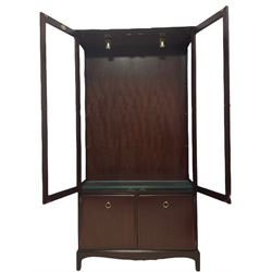 Stag Minstrel - mahogany display cabinet two cupboard doors and sides glazed with bevelled plates, enclosing three shelves, double cupboard fitted to base