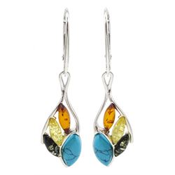 Pair of silver tri-colour Baltic amber and turquoise pendant earrings, stamped 925 