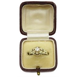14ct gold single stone round brilliant cut diamond ring with pierced flower and leaf design setting, diamond weight approx 0.20 carat, boxed 