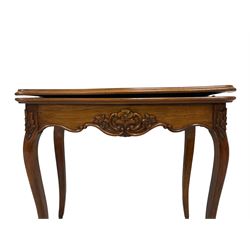 19th century French walnut card table, shaped and moulded fold-over top with inset, shaped frieze and uprights carved with flower heads, on cabriole supports