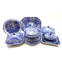 Copeland Spode's Italian pattern blue and white dinner service comprising six dinner plates, four dessert plates, sauce tureen and stand, seven bowls, pair of vegetable dishes and covers, two graduated meat plates, two open serving bowls and two other dishes (27)