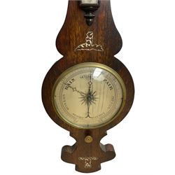 A  Victorian mercury barometer c1860 in a rosewood case with mother of pearl inlay, with a rounded top and shaped base, 8” silvered dial with weather predictions, cast brass bezel and convex glass, steel indicating hand and brass recording hand, spirit thermometer in a raised box and recording hand setting disc. 
